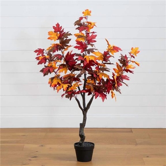 Nearly Natural Smoky Maple Artificial Potted Tree - 4.25' - Orange and Red