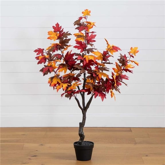 Nearly Natural Smoky Maple Artificial Potted Tree - 4.25' - Orange and Red