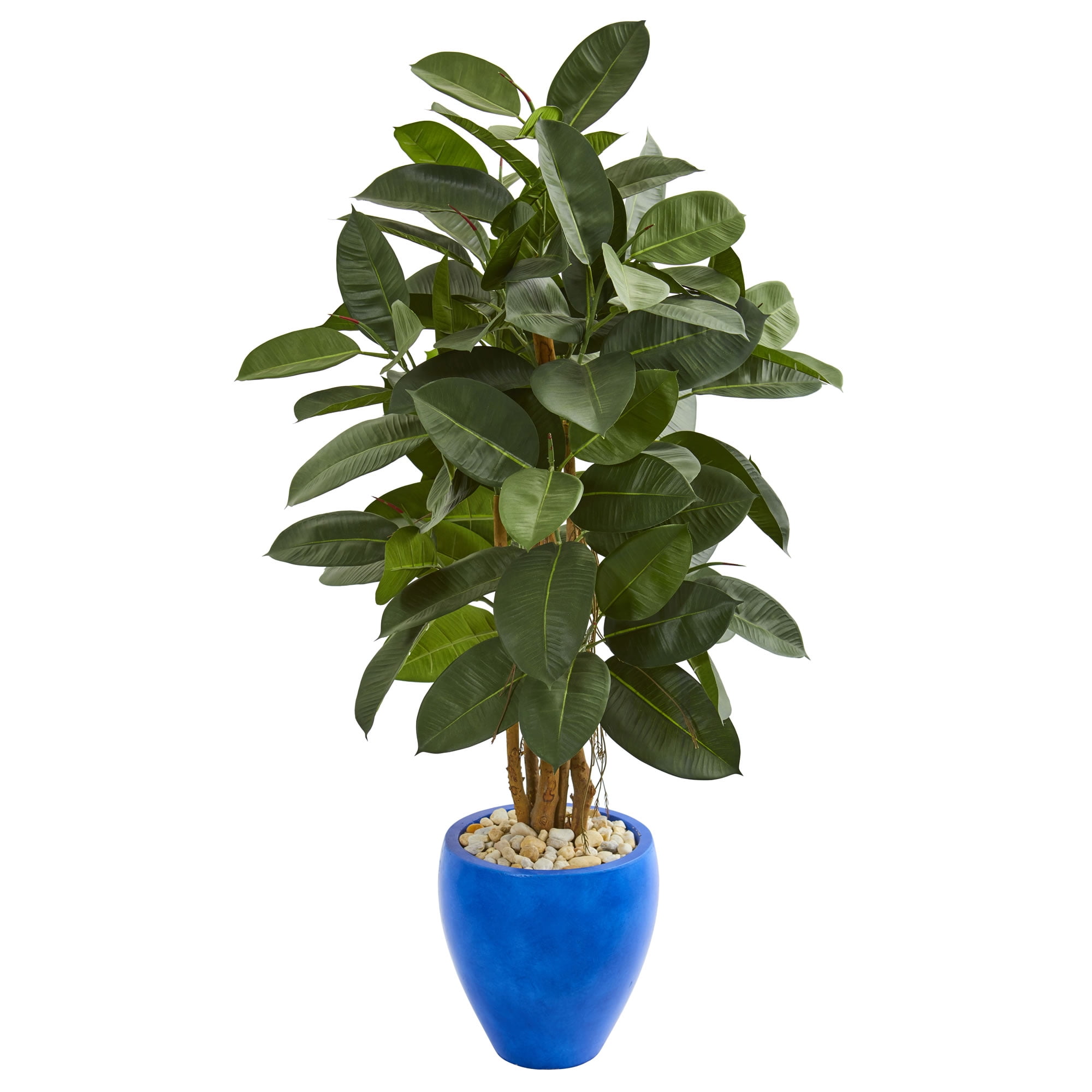 Nearly Natural 53in. Artificial Rubber Tree in Blue Planter, Green
