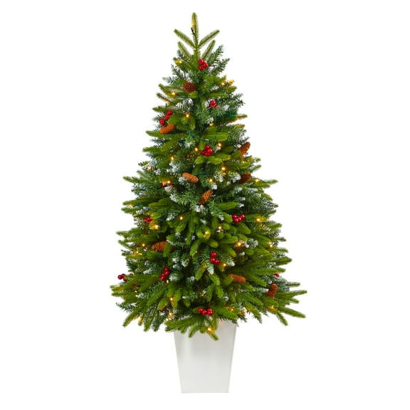 Nearly Natural 56" Snow Tipped Spruce Artificial Christmas Tree with Frosted Berries and Pinecones, Prelit with Clear LED Lights