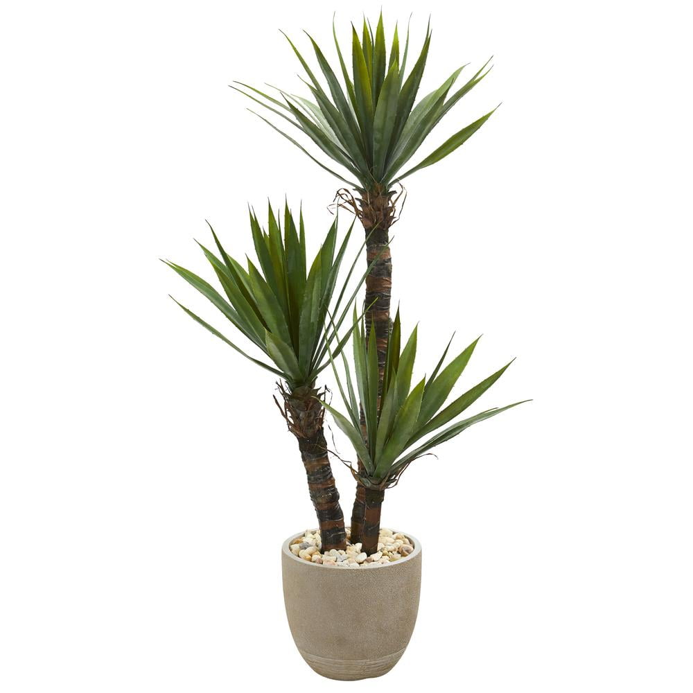 56" Green Silk Yucca Faux Potted Plant in Sandstone Planter