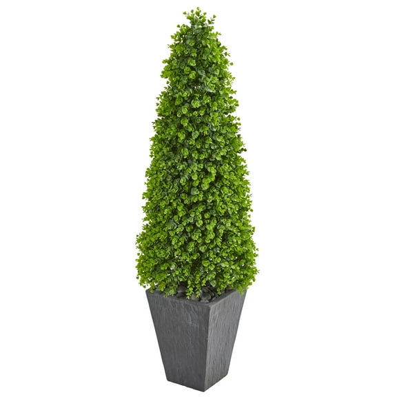 Nearly Natural 57" Eucalyptus Topiary Artificial Tree in Slate Planter (Indoor/Outdoor)