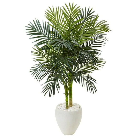 54" Golden Cane Palm Artificial Tree in White Oval Planter in Green/White