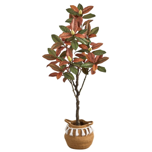 Nearly Natural 5ft. Artificial Fall Magnolia Tree with Handmade Jute & Cotton Basket with Tassels, Brown