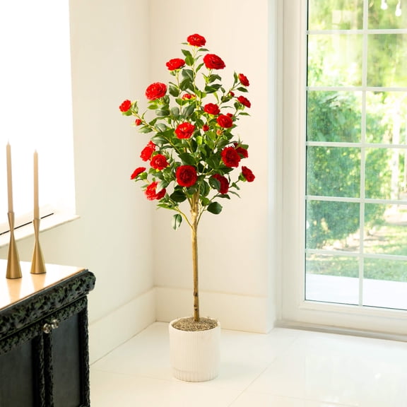 Nearly Natural Camellia Rose Artificial Potted Tree - 5' - Unlit