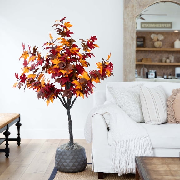 Nearly Natural Potted Smoky Maple Artificial Tree - 5' - Orange and Red