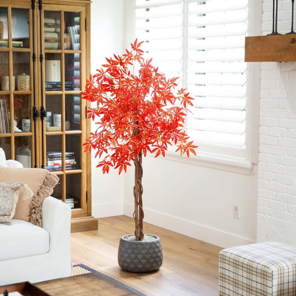Nearly Natural Artificial Autumn Maple Potted Tree - 5' - Orange and Yellow