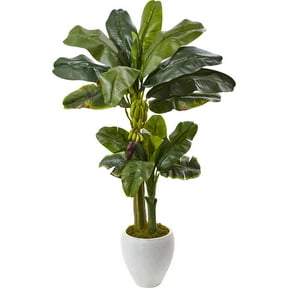 Nearly Natural 5ft Double Stalk Banana Tree in White Planter in Green