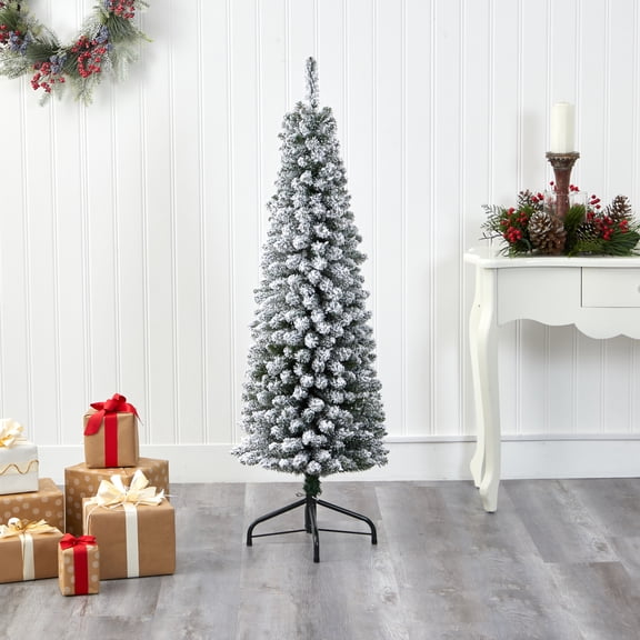 Nearly Natural 5ft Flocked Pencil Artificial Christmas Tree in White