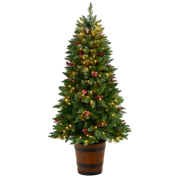 Nearly Natural 5ft. Frosted Colorado Aspen Pre-Lit Artificial Porch Christmas Tree with 200 LED lights, 426 Bendable Branches and Berries in Decorative Planter