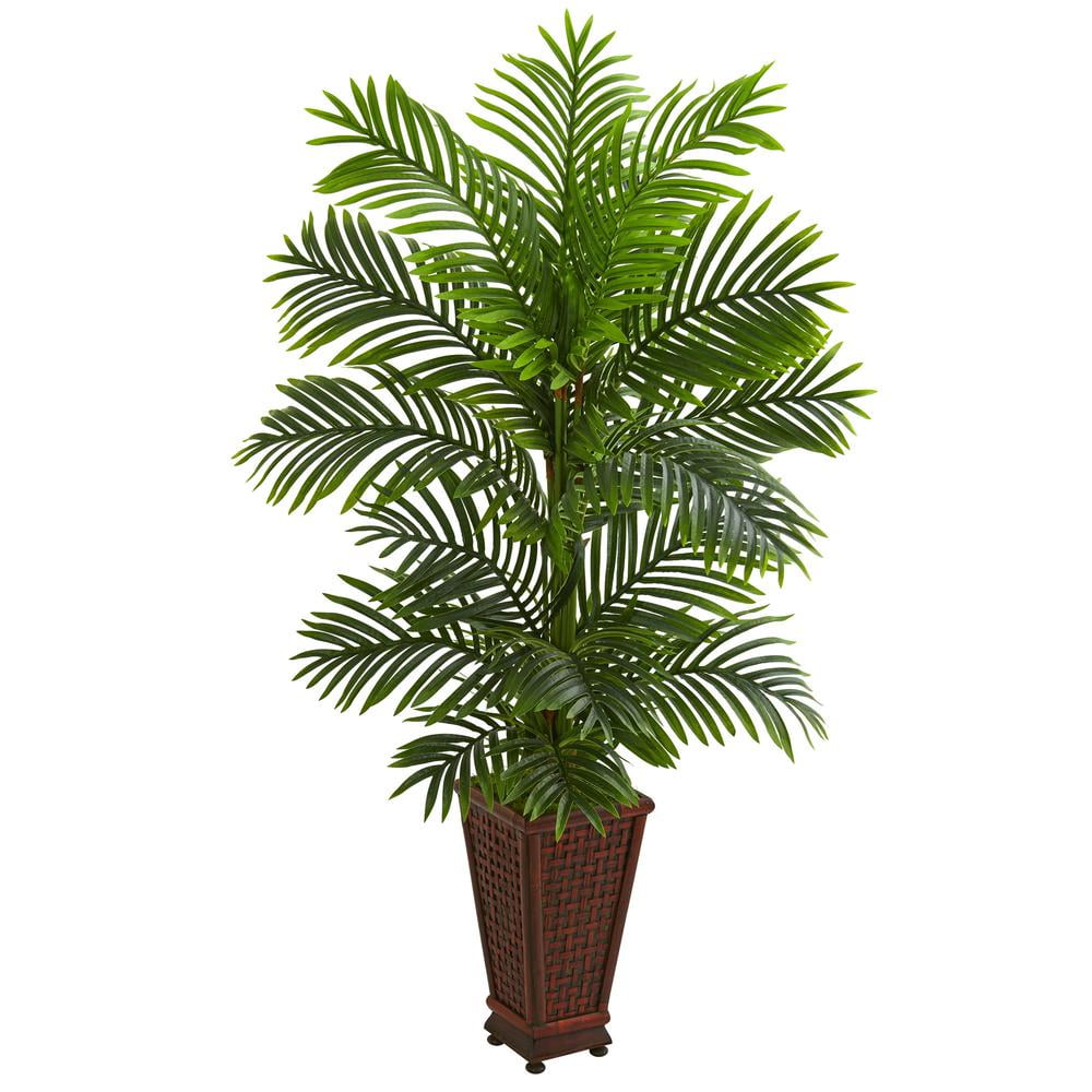 5-Foot Green Faux Palm Tree in Decorative Red Planter