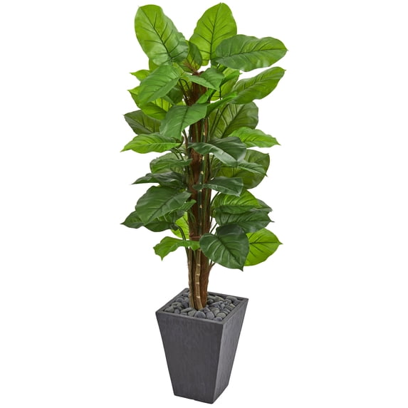 Nearly Natural 5ft. Large Leaf Philodendron Artificial Plant in Slate Planter (Real Touch), Green