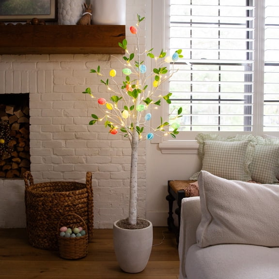 Nearly Natural Pre-Lit Artificial Blooming Easter Egg Twig Tree - 5' - Warm White LED Lights