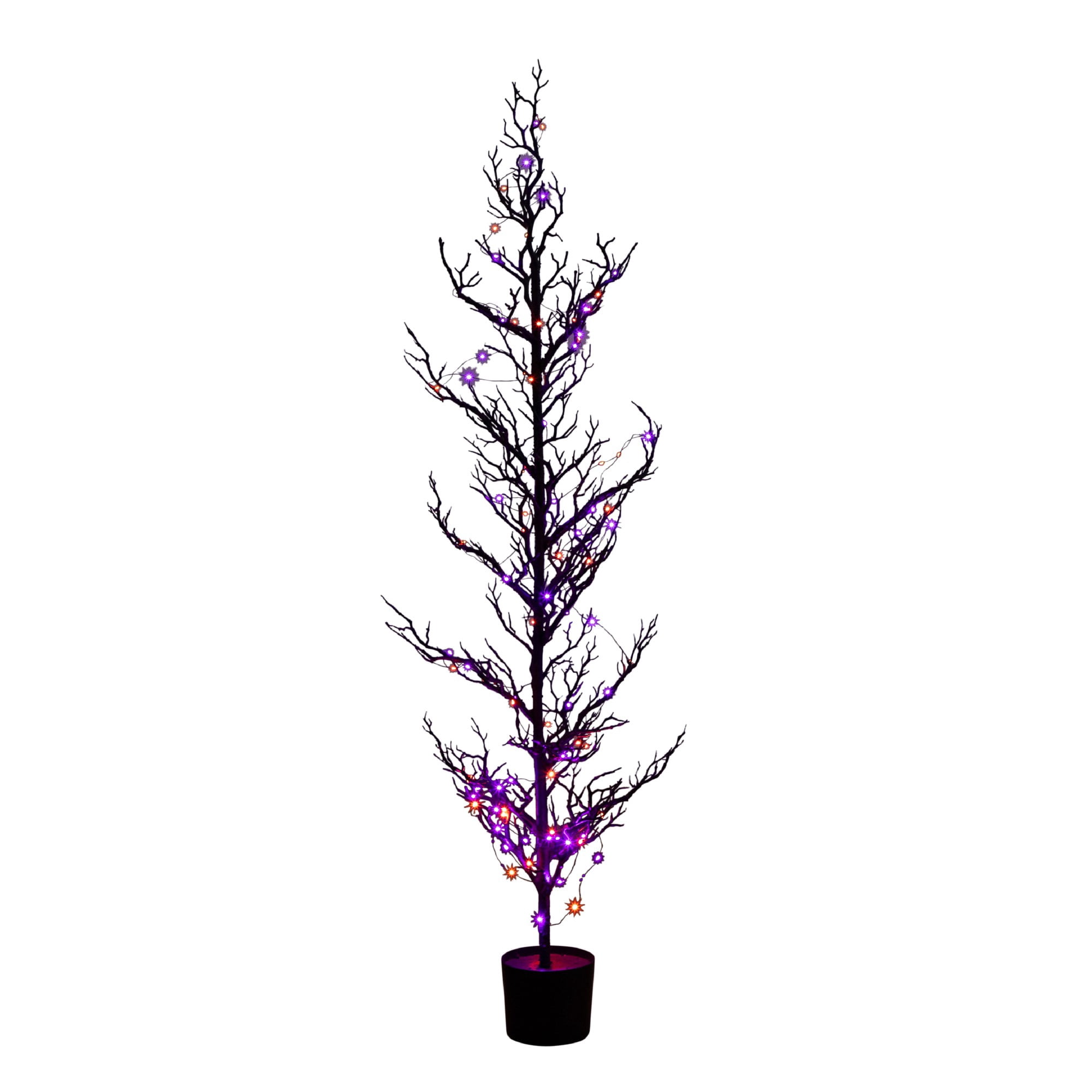 Nearly Natural 5ft. Pre-Lit Artificial Halloween Black Spooky Twig Tree with 200 Orange & Purple Copper Wire String LED Lights