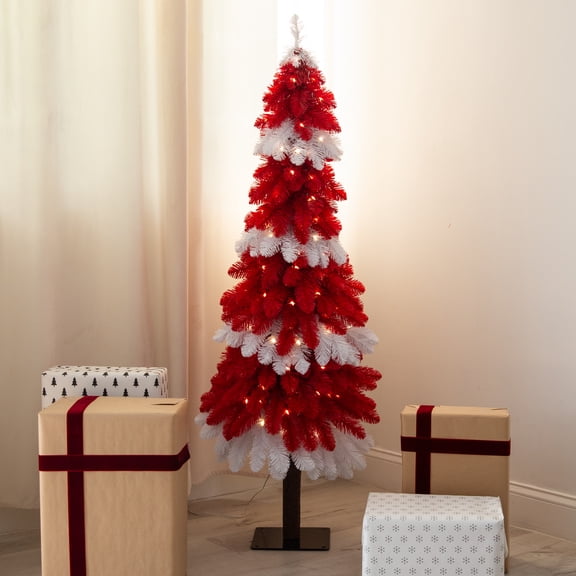 Nearly Natural Pre-Lit Peppermint Artificial Pine Christmas Tree - 5 - Warm White LED Lights