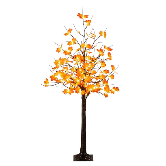 Nearly Natural 5ft. Pre-Lit Minimalist Autumn Maple Artificial Fall Tree with 96 LED Warm White & Orange Pumpkin Shaped Lights