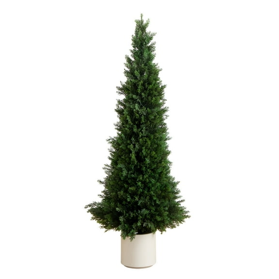 Nearly Natural 5ft. UV Resistant Artificial Cedar Tree in Decorative White Planter (Indoor/Outdoor)