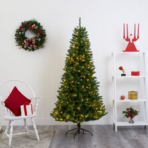 Nearly Natural 6.5ft. Green Valley Fir Artificial Christmas Tree with 350 Clear LED Lights 1125 Bendable Branches, Green