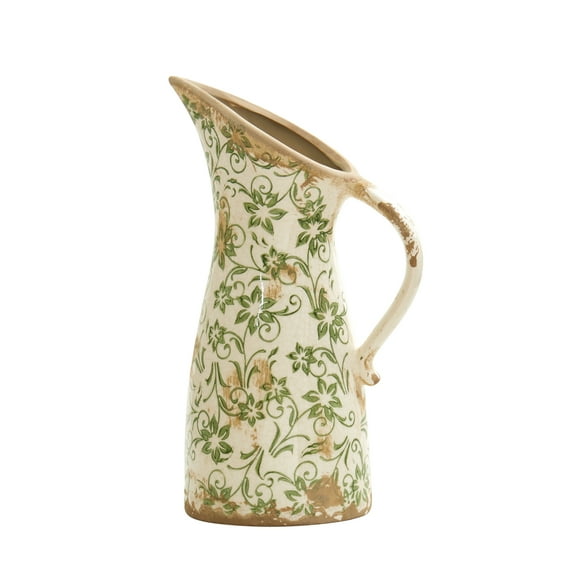Nearly Natural 6.5in. Tuscan Ceramic Green Scroll Pitcher Vase