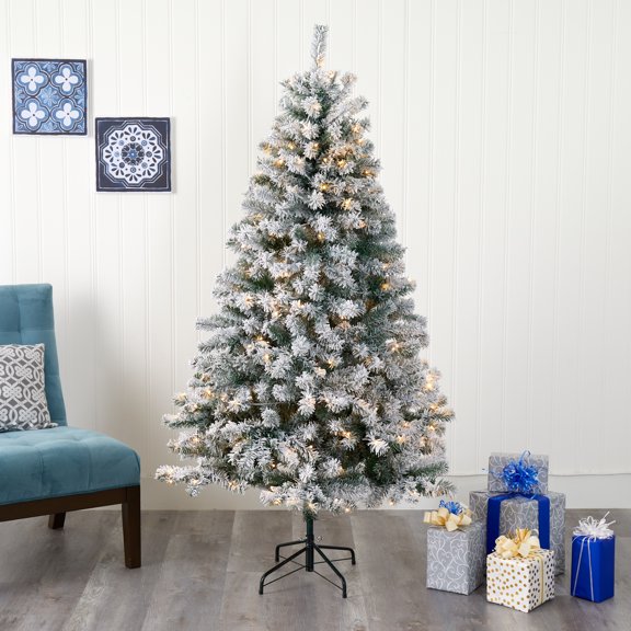 Nearly Natural 6' Green Flocked Spruce Artificial Christmas Tree Prelit 250 Clear LED Lights