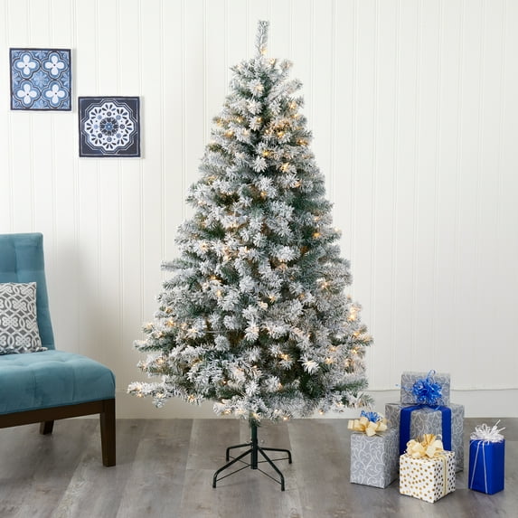 Nearly Natural 6' Green Flocked Spruce Artificial Christmas Tree Prelit 250 Clear LED Lights