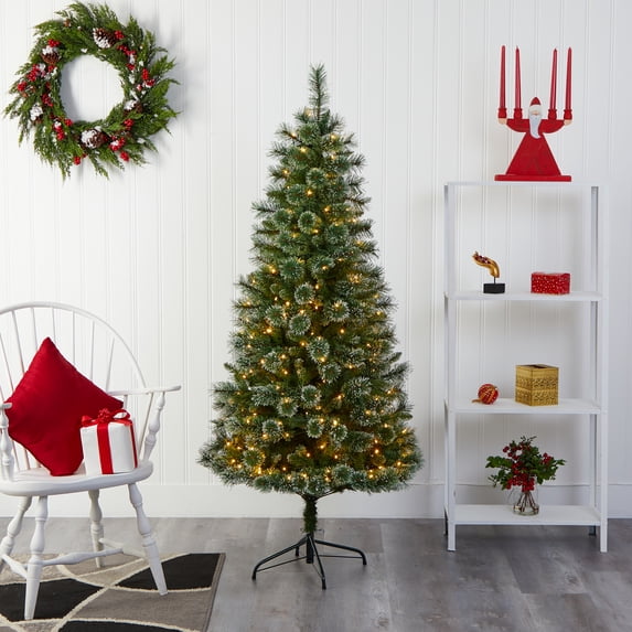 Nearly Natural 6' Green Snow Tip Artificial Christmas Tree Prelit Clear 300 LED Lights