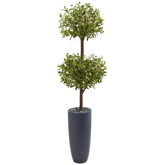 Nearly Natural 6 Olive Double Artificial Tree in Gray Cylinder Planter