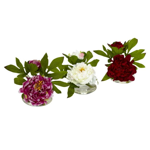Nearly Natural 6" Peonies Artificial Plant with Glass Vases, Set of 3 (Assorted Colors)