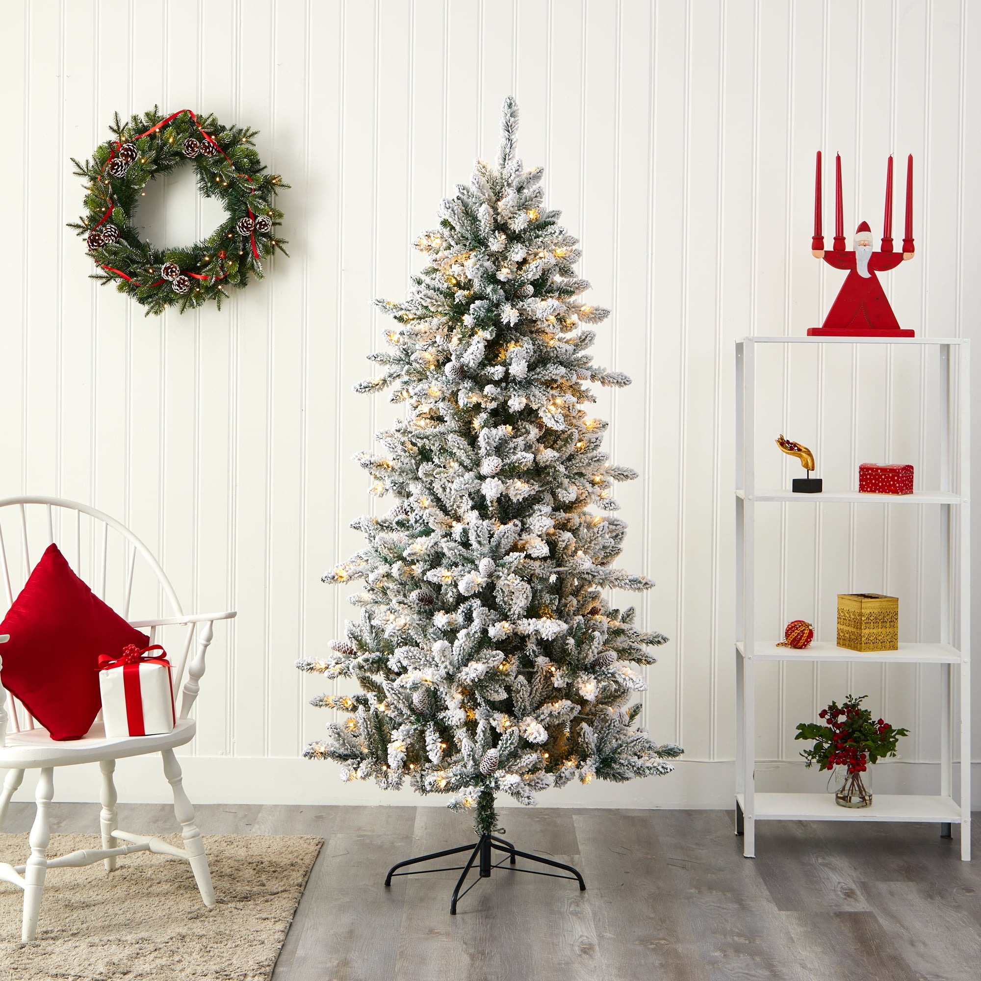 6ft Flocked Livingston Fir Artificial Christmas Tree with Pine Cones and LED Lights