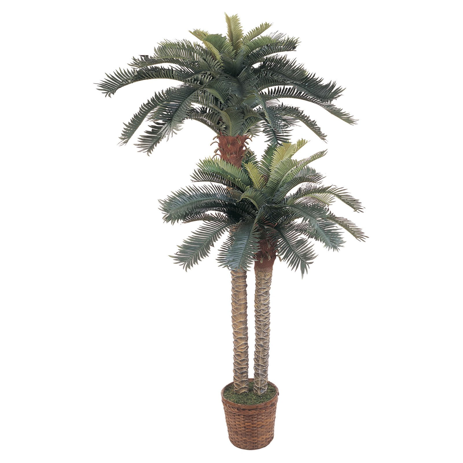 Double Potted Green Silk Palm Tree with Wicker Basket