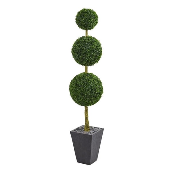 Nearly Natural 6 ft. Boxwood Triple Ball Topiary Artificial Tree in Slate Planter UV Resistant (Indoor/Outdoor)
