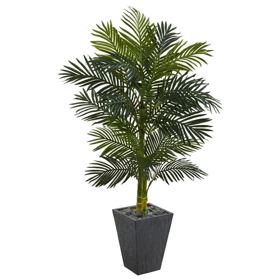 Nearly Natural 62" Golden Cane Artificial Palm Tree in Slate Planter