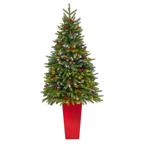 Nearly Natural 62" Snow Tipped Spruce Artificial Christmas Tree with Frosted Berries and Pinecones, Prelit with 100 Clear LED Lights
