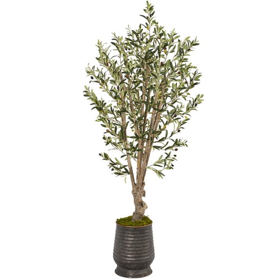 Nearly Natural 62in. Olive Artificial Tree in Ribbed Metal Planter