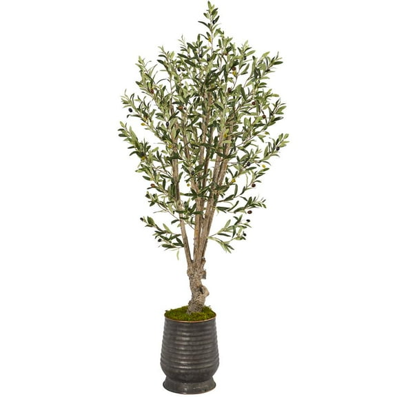 Nearly Natural 62in. Olive Artificial Tree in Ribbed Metal Planter