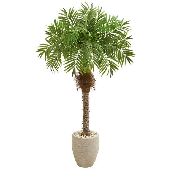 Nearly Natural 63" Robellini Palm Artificial Tree in Sandstone Planter, Green