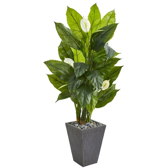 Nearly Natural 63" Spathiphyllum Artificial Plant in Slate Planter, Green