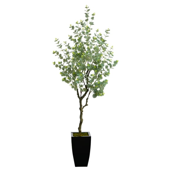 Nearly Natural 64" Eucalyptus Artificial Tree in Black Metal Planter