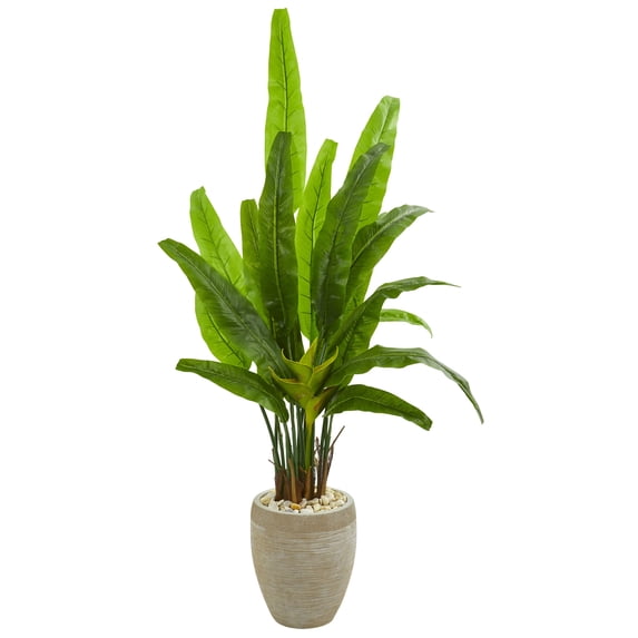 Nearly Natural 64" Travelers Palm Artificial Tree in Sand Colored Planter, Green