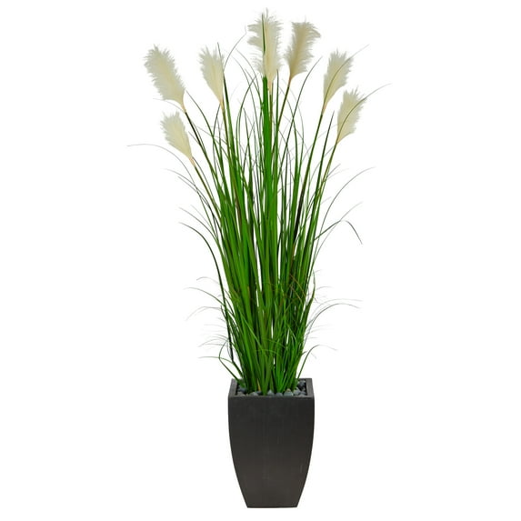 Nearly Natural 64" Wheat Plume Grass Artificial Plant in Black Planter, Green