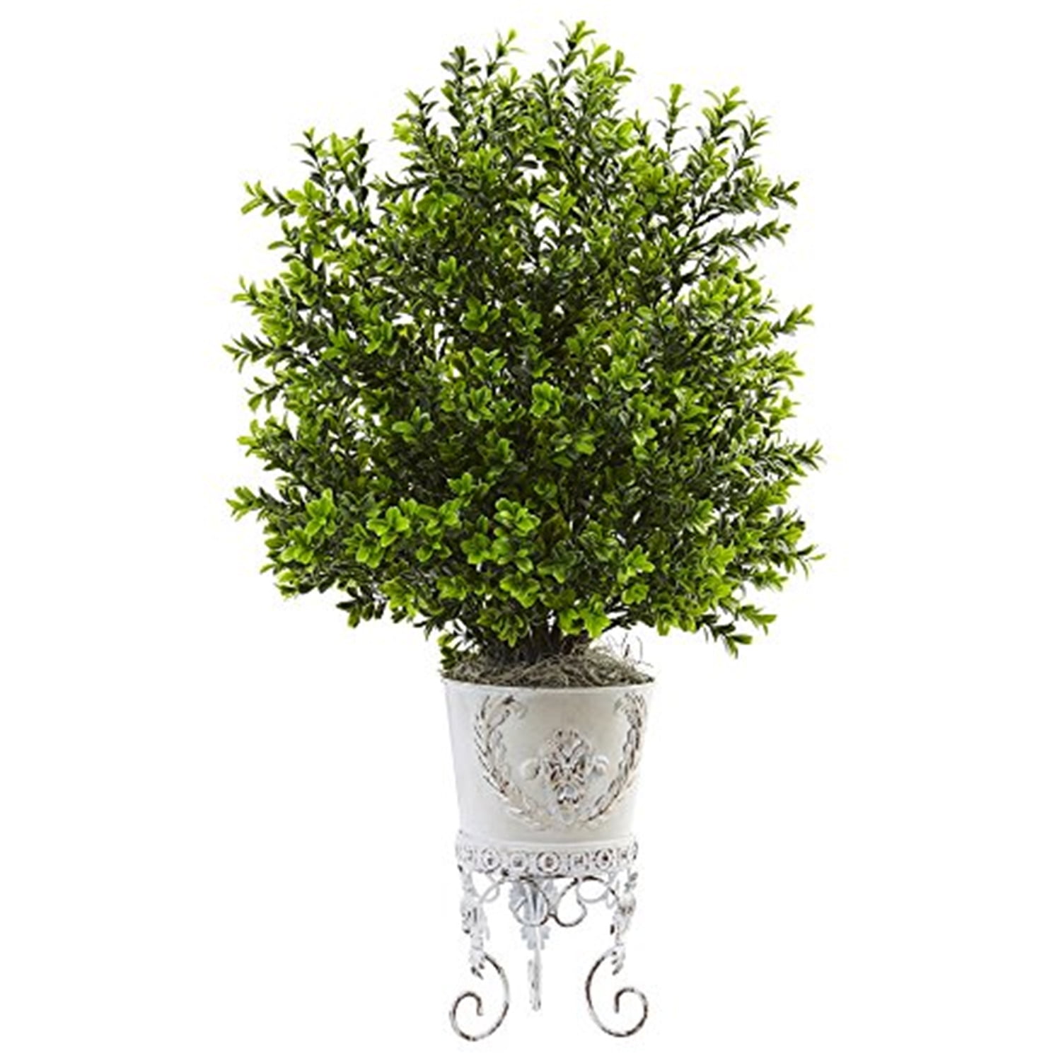 Green Plastic Boxwood Topiary with White Metal Planter