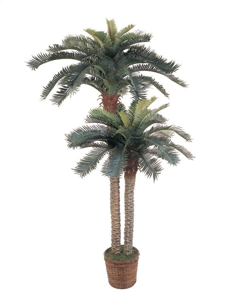 Double Potted Green Silk Palm Tree with Wicker Basket