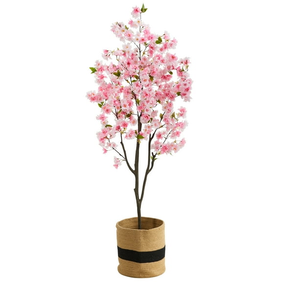 Nearly Natural 6ft. Artificial Cherry Blossom Tree with Handmade Jute & Cotton Basket, Pink