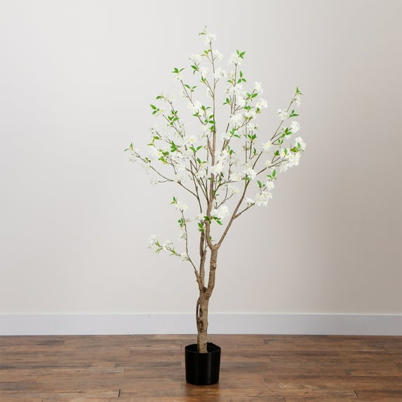 Nearly Natural Deluxe Cherry Blossom Artificial Potted Tree - 6' - White
