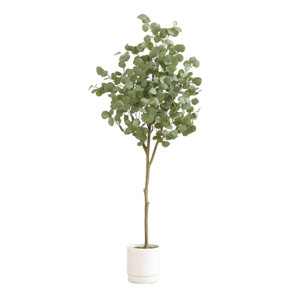 Nearly Natural 6ft. Artificial Eucalyptus Tree with White Decorative Planter, Green