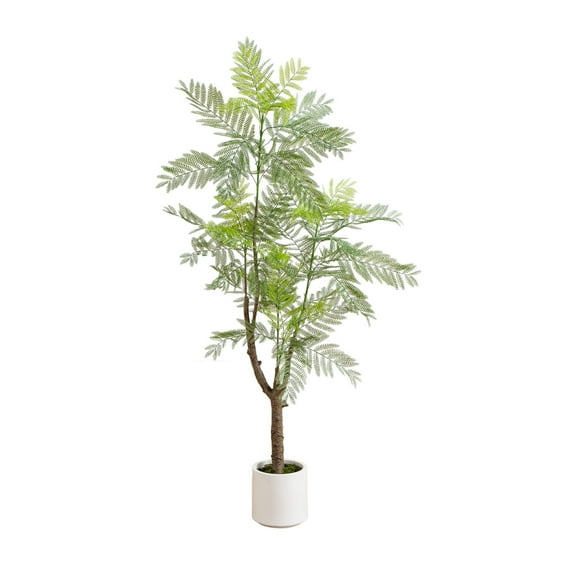 Nearly Natural 6ft. Artificial Minimalist Jacaranda Tree in White Decorative Planter