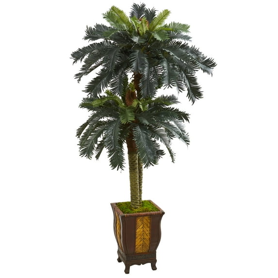 Nearly Natural 6ft. Double Sago Palm Artificial Tree in Designer Planter, Green