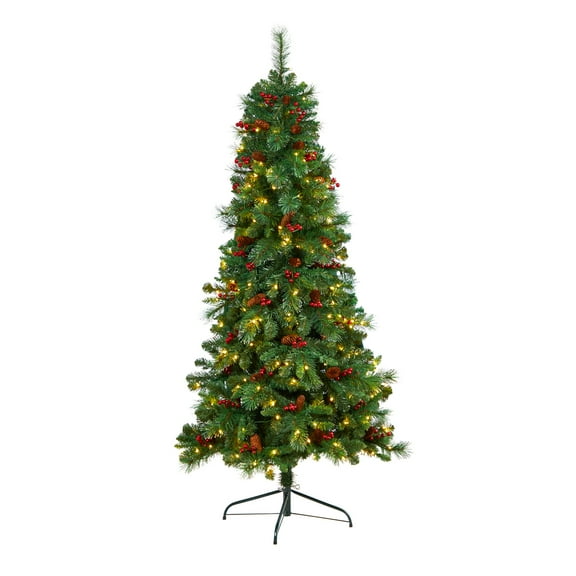 Nearly Natural 6ft. Flat Back Montreal Mountain Pine Artificial Christmas Tree with Pinecones, Berries and 150 Warm White LED Lights and 359 Bendable Branches