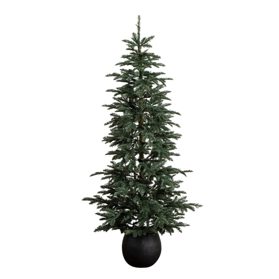 Nearly Natural 6ft. Pre-Lit Artificial Pine Christmas Tree in Round Black Decorative Planter with 60 Warm White LED Lights