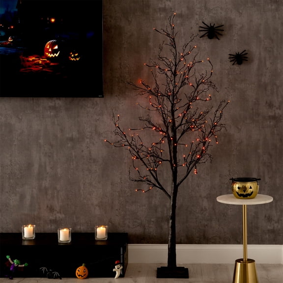 Nearly Natural 6ft. Pre-Lit Halloween Black Twig Artificial Fall Tree with 300 Orange and Purple LED Lights